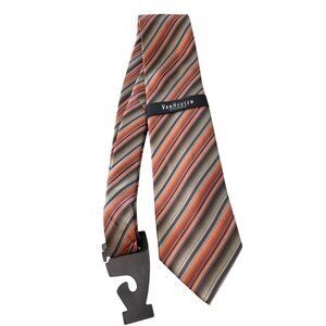 Van Heusen Silk Neck Tie Orange Brown Striped 100% Silk Hand Made Professional